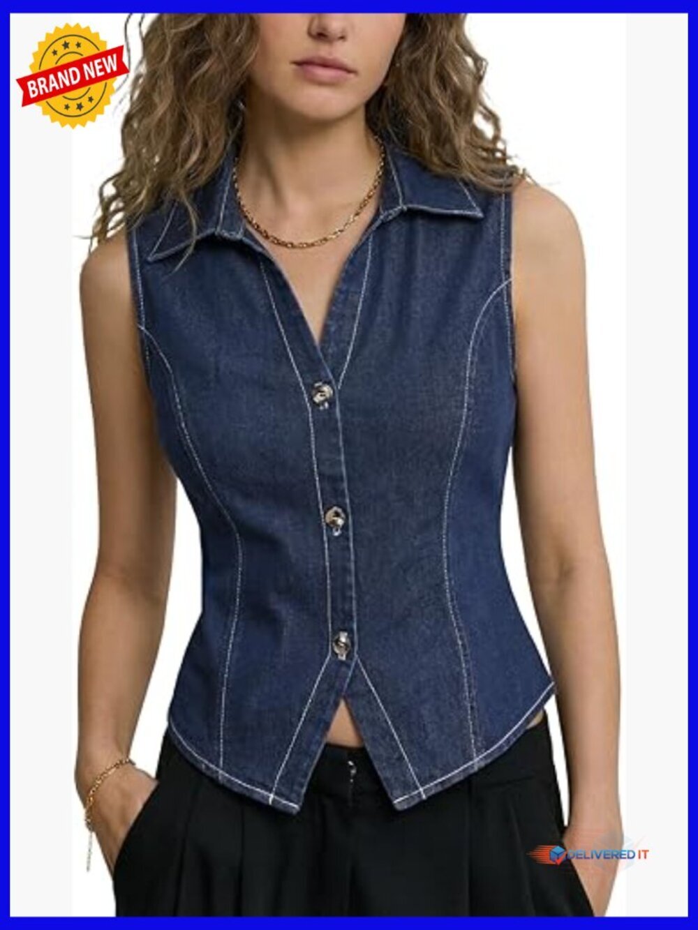 Denim Vest Sleeveless Collared V Neck Button Down Casual Summer Tank Top